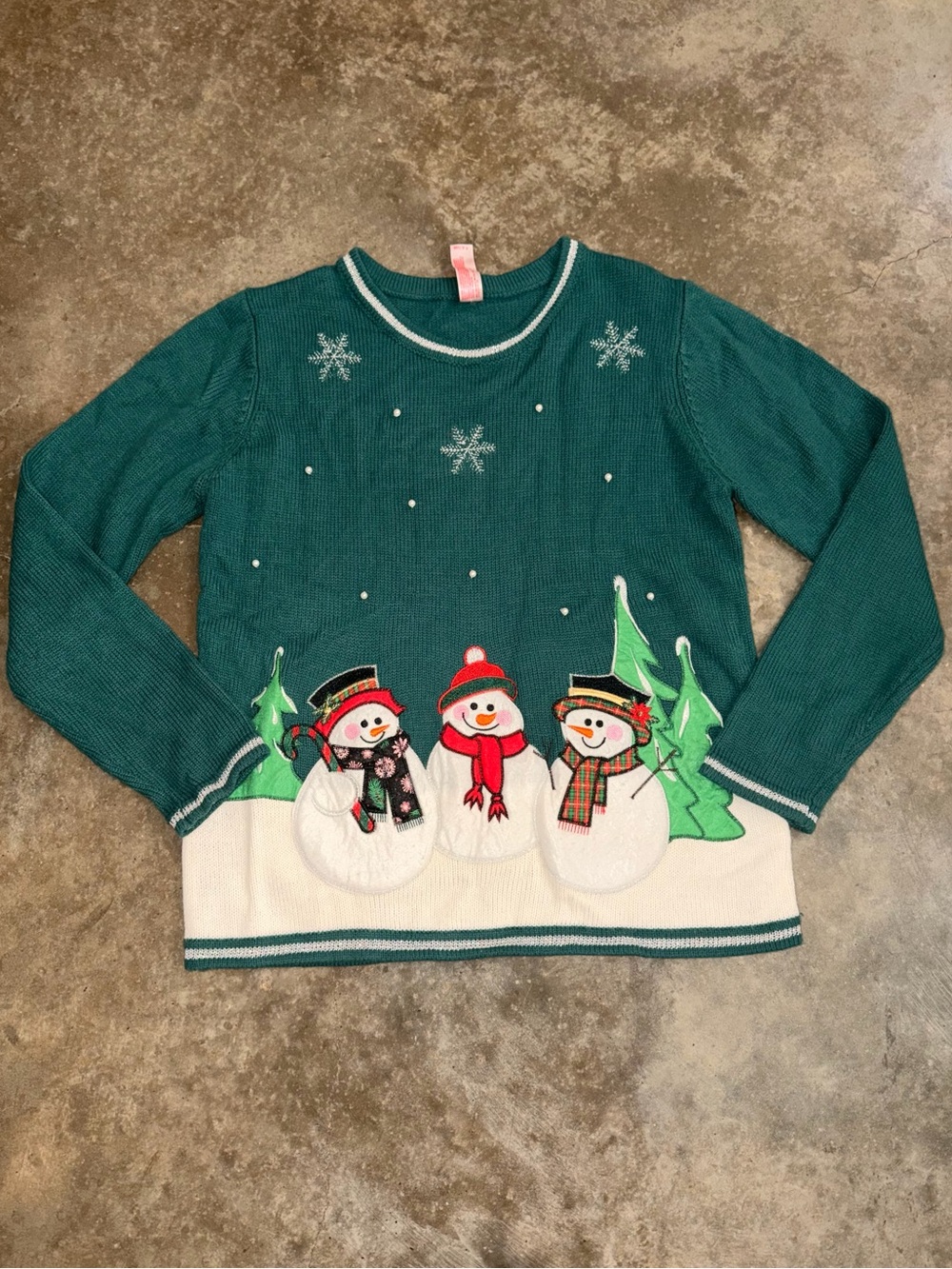 Christmas Snowman Sweater Green Embroidered Applique Holiday S 4-6 Festive